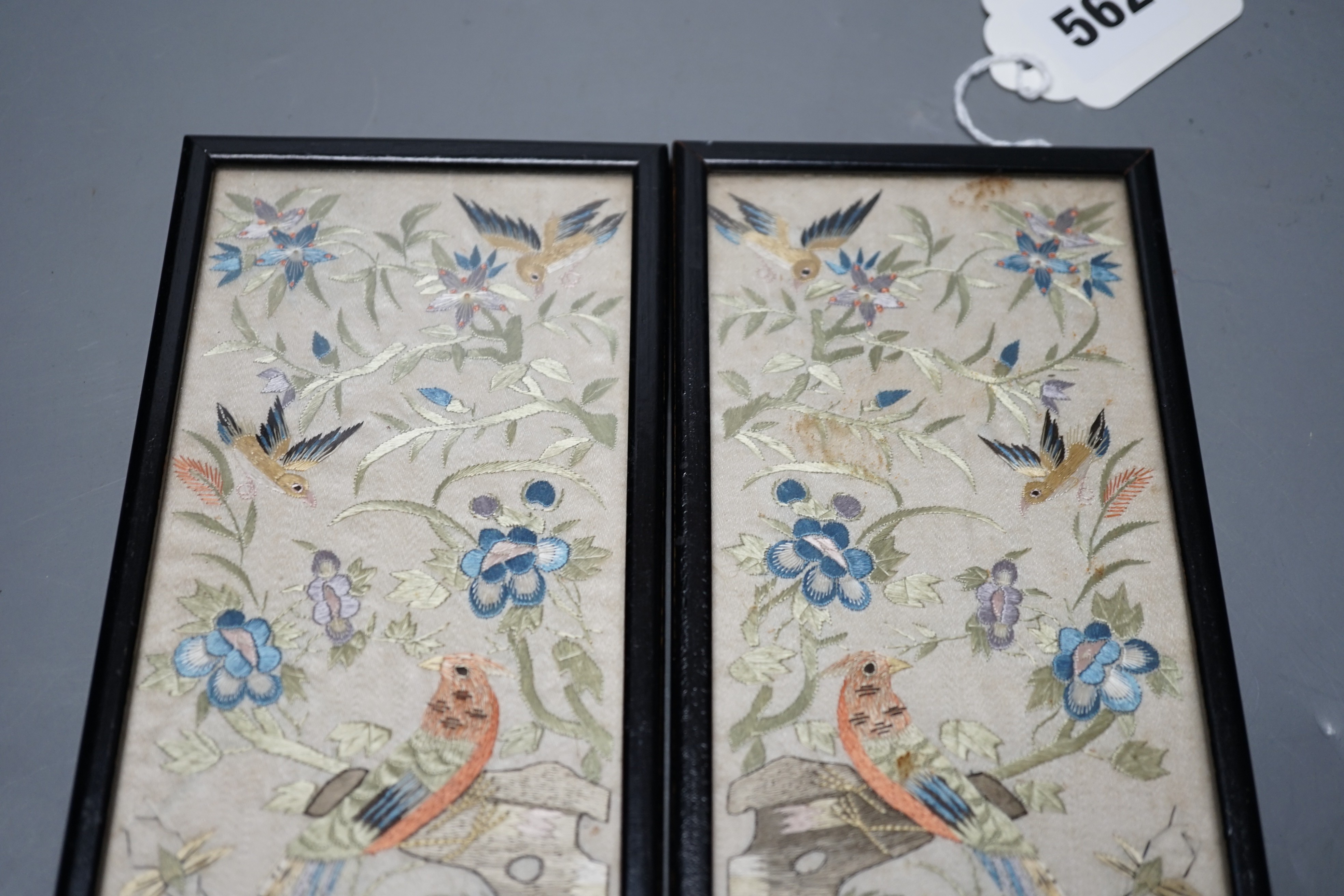 A pair of Chinese coloured silk pictures, framed, 24x9cm